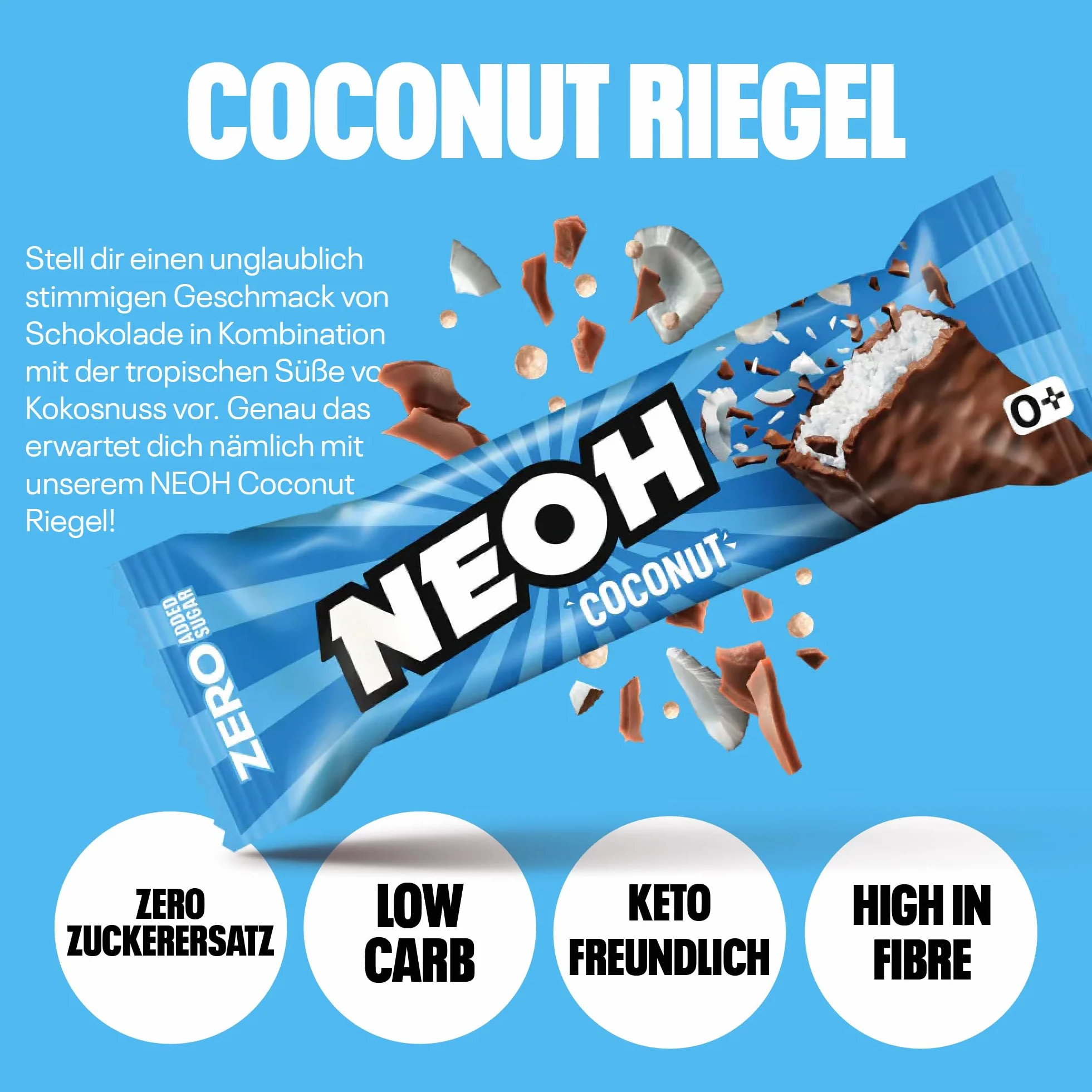 NEOH Low Carb Keto Batonik Kokos Czekolada - 1 g Cukier / 117 kcal / 6 g Białko - Bez dodatku cukru - 30 g (Opakowanie 12 sztuk) - Coconut