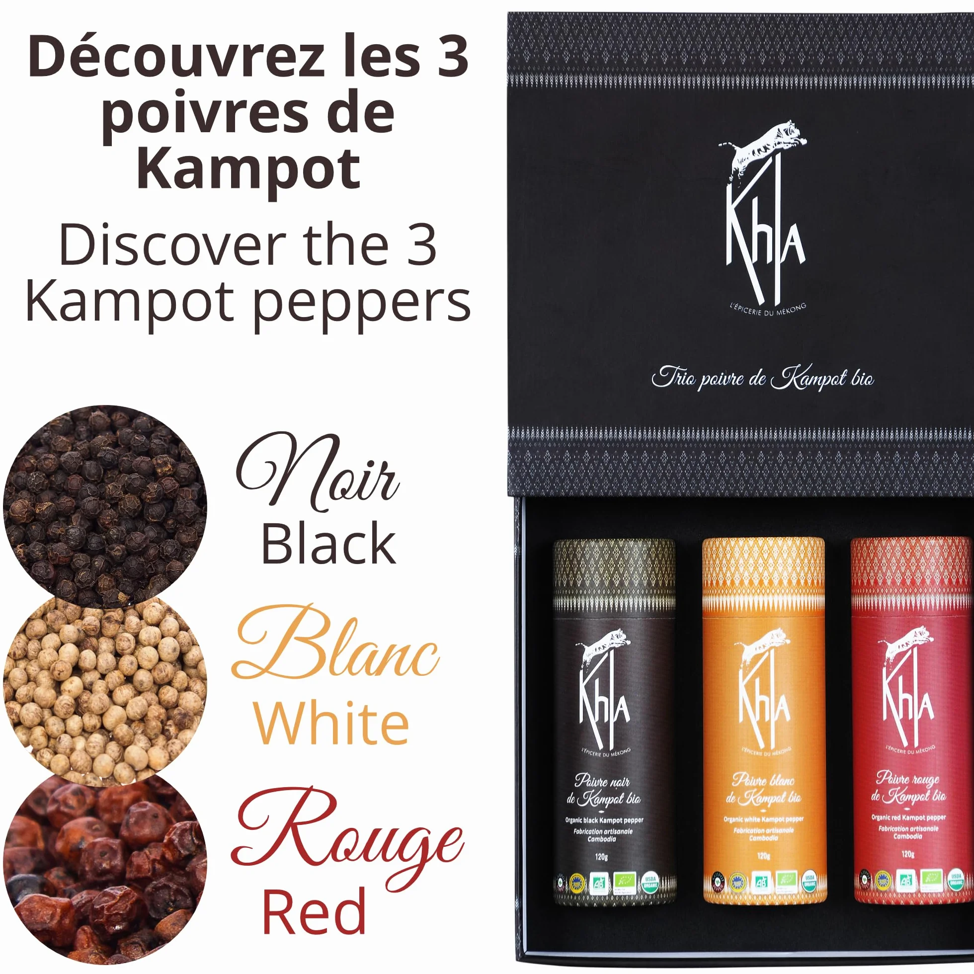 Zestaw 3 sztuk pieprzu Kampot - czarny, biały, czerwony - 3 x 120 g