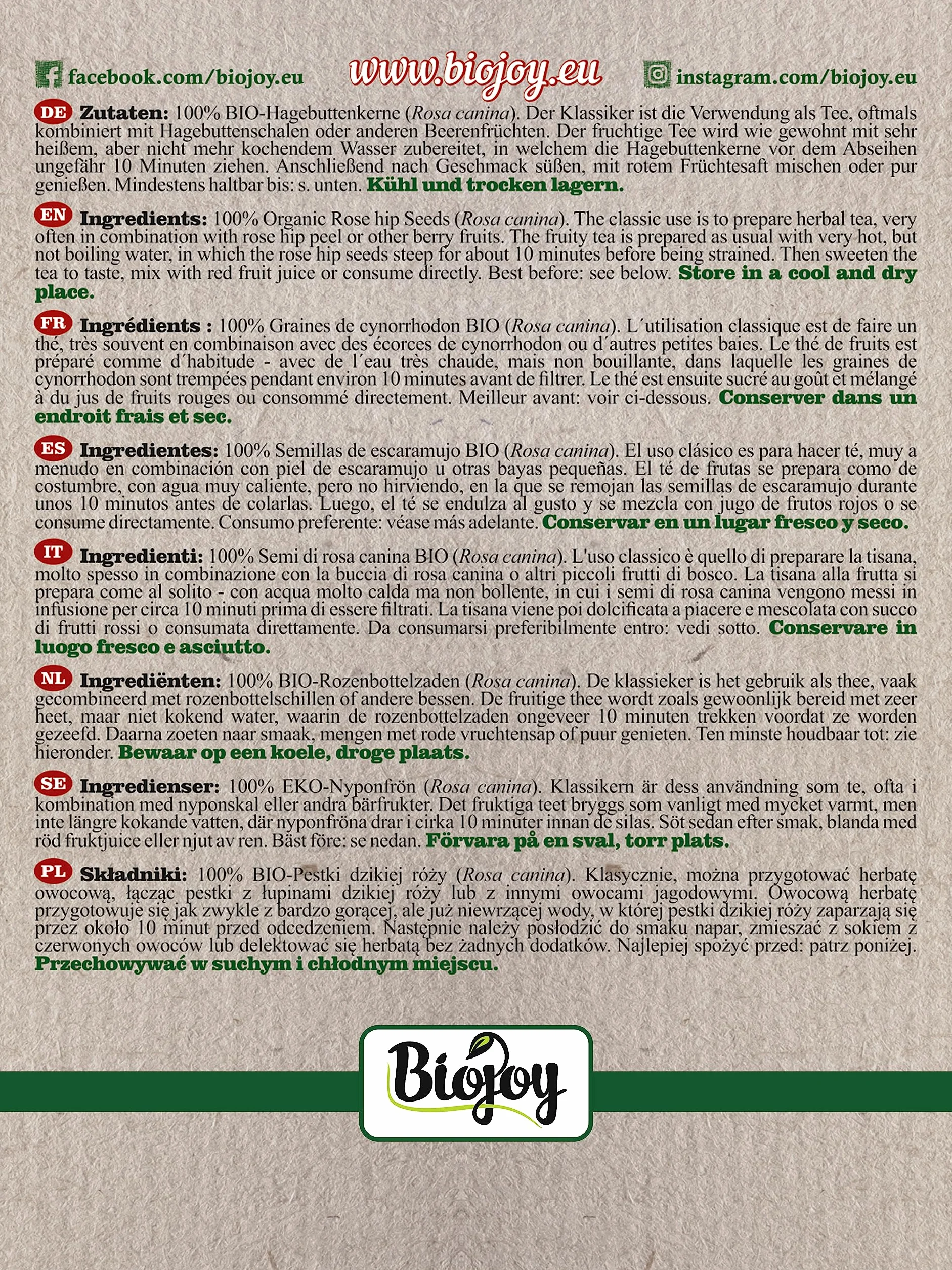 Biojoy Organiczne pestki dzikiej róży (2 kg)