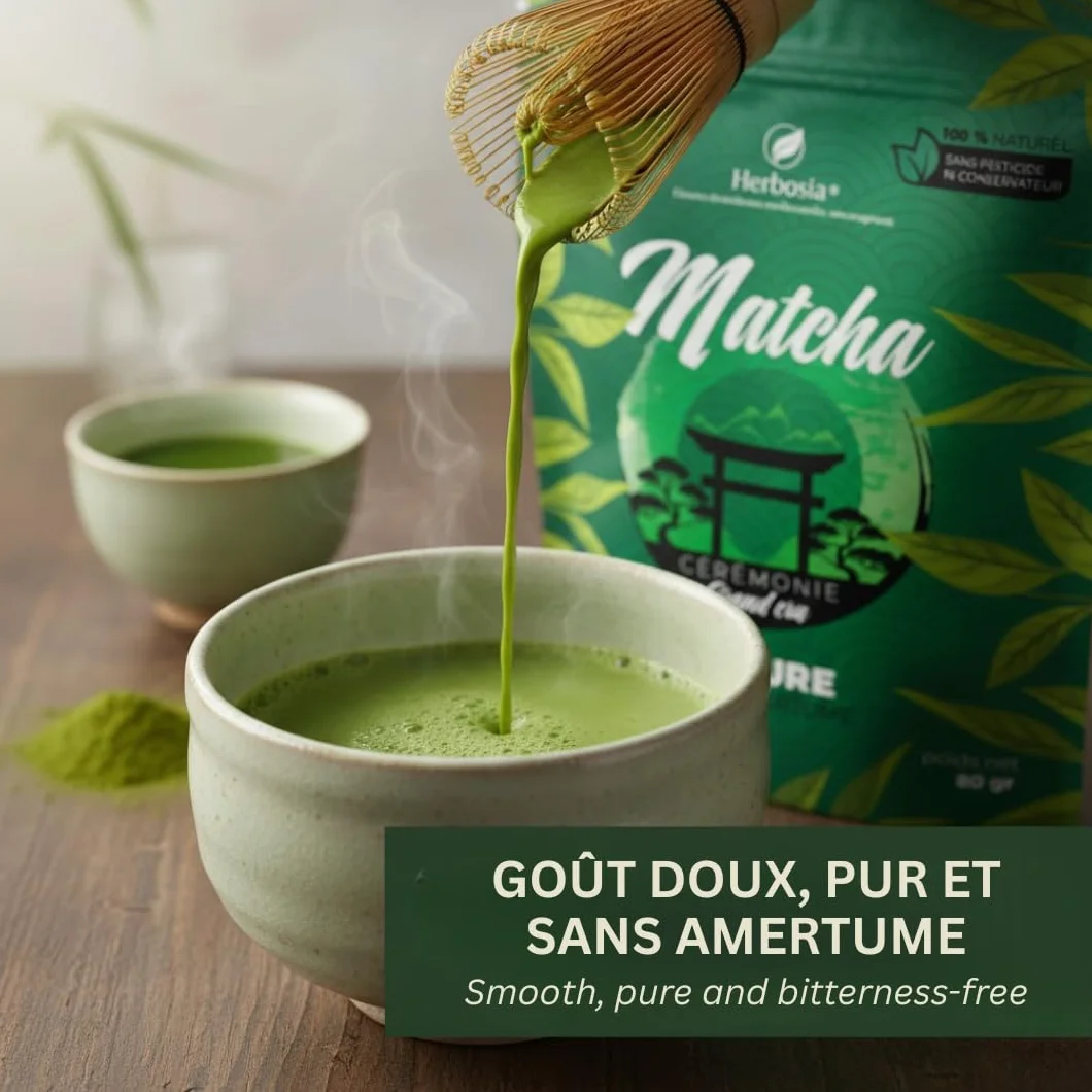 HERBOSIA Japońska matcha - jakość ceremonialna - bogata w L-teaninę i przeciwutleniacze - bez goryczki - 100% naturalna - 80 g + łyżka do dozowania w zestawie (80g, naturalna)