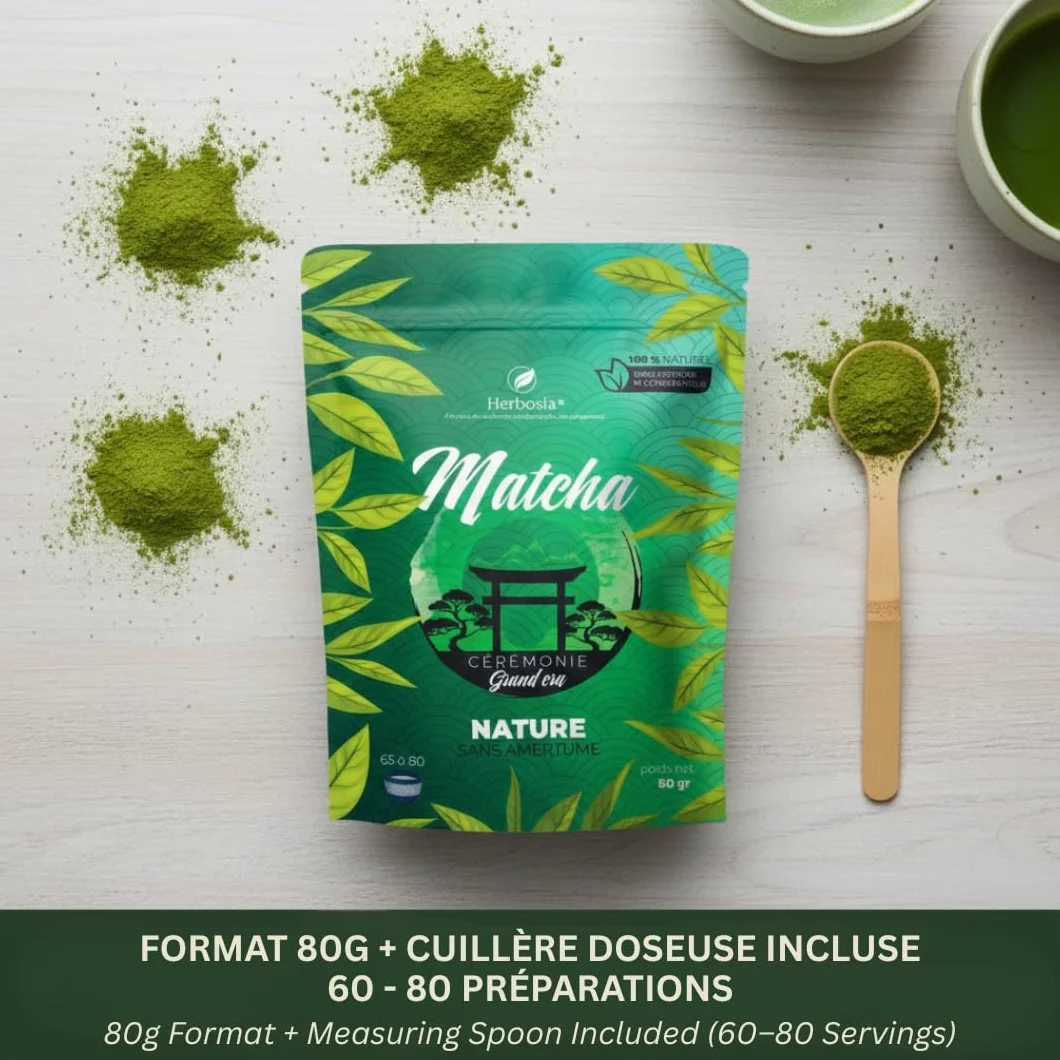 HERBOSIA Japońska matcha - jakość ceremonialna - bogata w L-teaninę i przeciwutleniacze - bez goryczki - 100% naturalna - 80 g + łyżka do dozowania w zestawie (80g, naturalna)