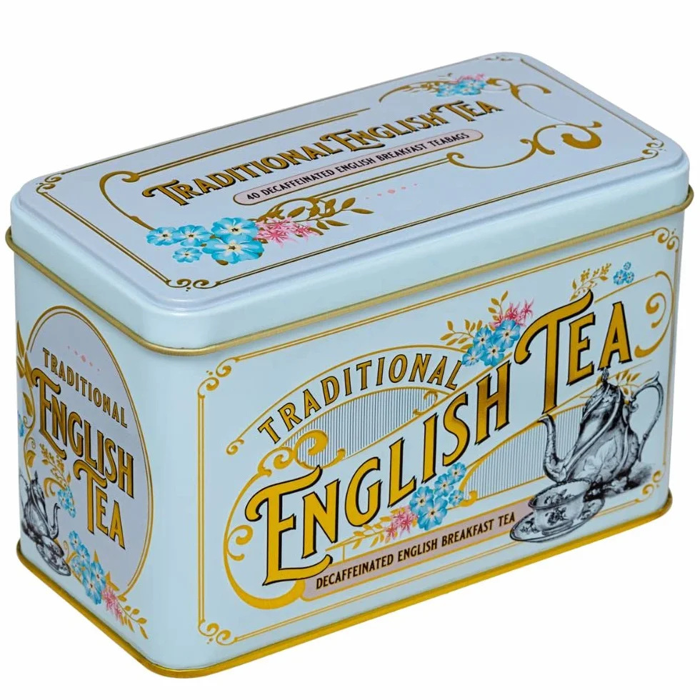 New English Teas Vintage wiktoriański Power Blue pojemnik na herbatę z 40 bezkofeinowymi angielskimi herbatami śniadaniowymi
