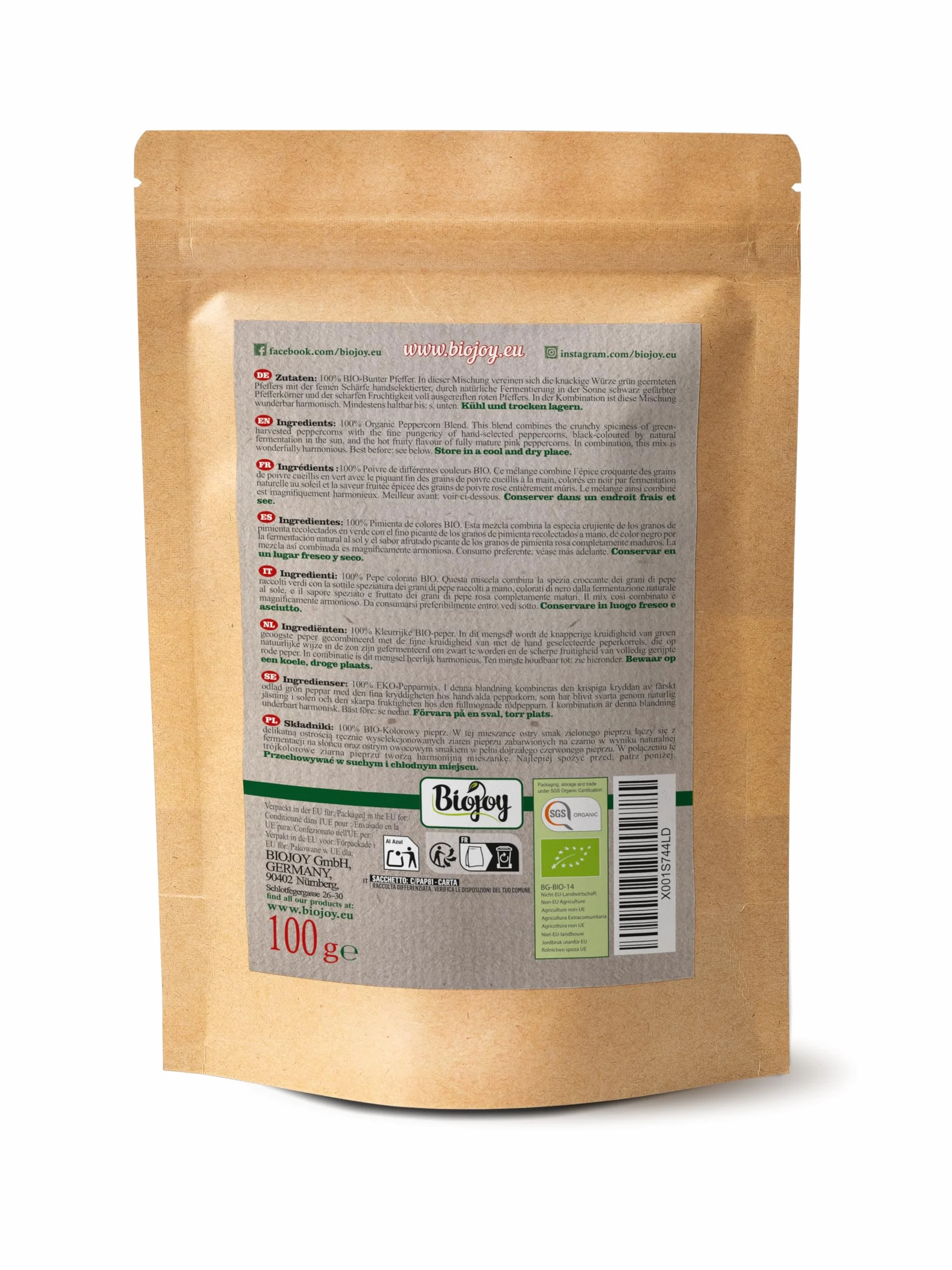 Biojoy Ekologiczny Pieprz kolorowy ziarnisty (100 g), Pieprz Mix (biały, czerwony, zielony, czarny)