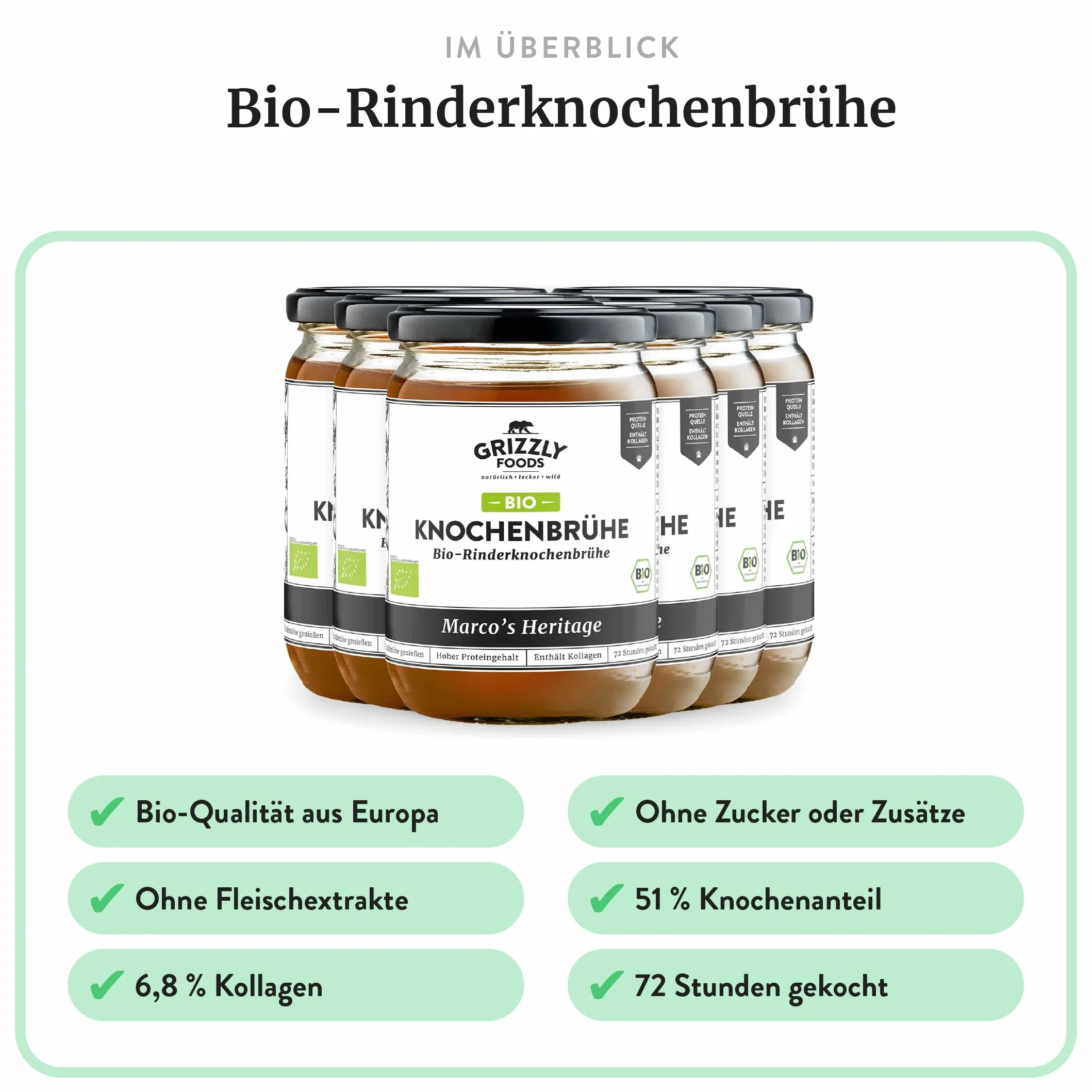 Grizzly Foods • Bio bulion z kości wołowej (6 x 500 ml) • 25 g kolagenu na szklankę • gotowany przez 72 godziny • 100% naturalny • bez cukru, bez dodatków • wartościowe składniki odżywcze • Bone Broth