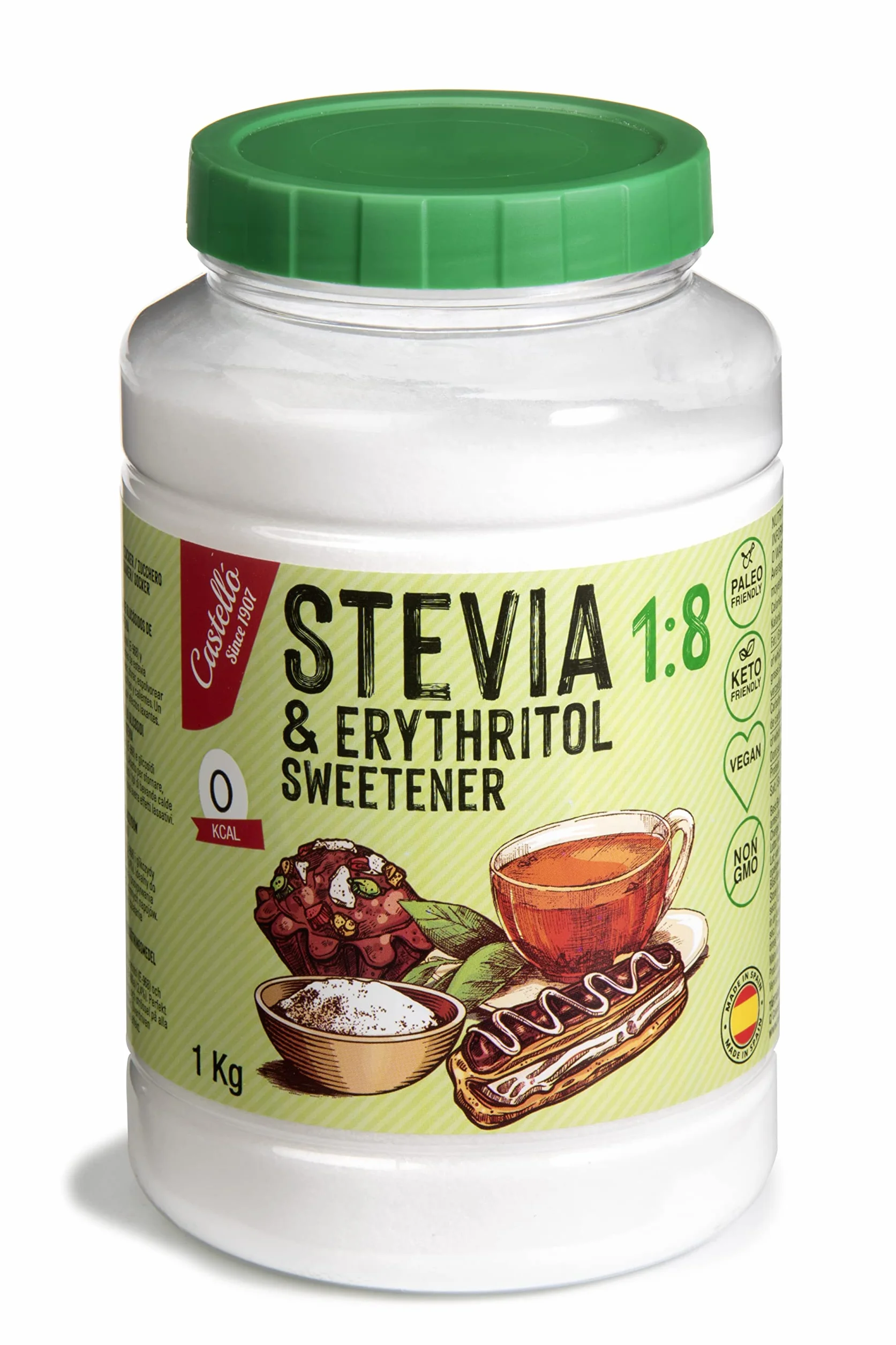 Słodzik Stevia + Erytrytol 1:8 | 1g = 8g cukru | Słodzik o 100% naturalnym smaku - 0 Kalorii - 0 Indeks Glikemiczny - Keto i Paleo - 0 Węglowodanów Netto - Bez GMO - Castello since 1907-1 kg | 1 g = 8 g cukru, 100% naturalny smak, 0 kalorii, 0 indeks glik