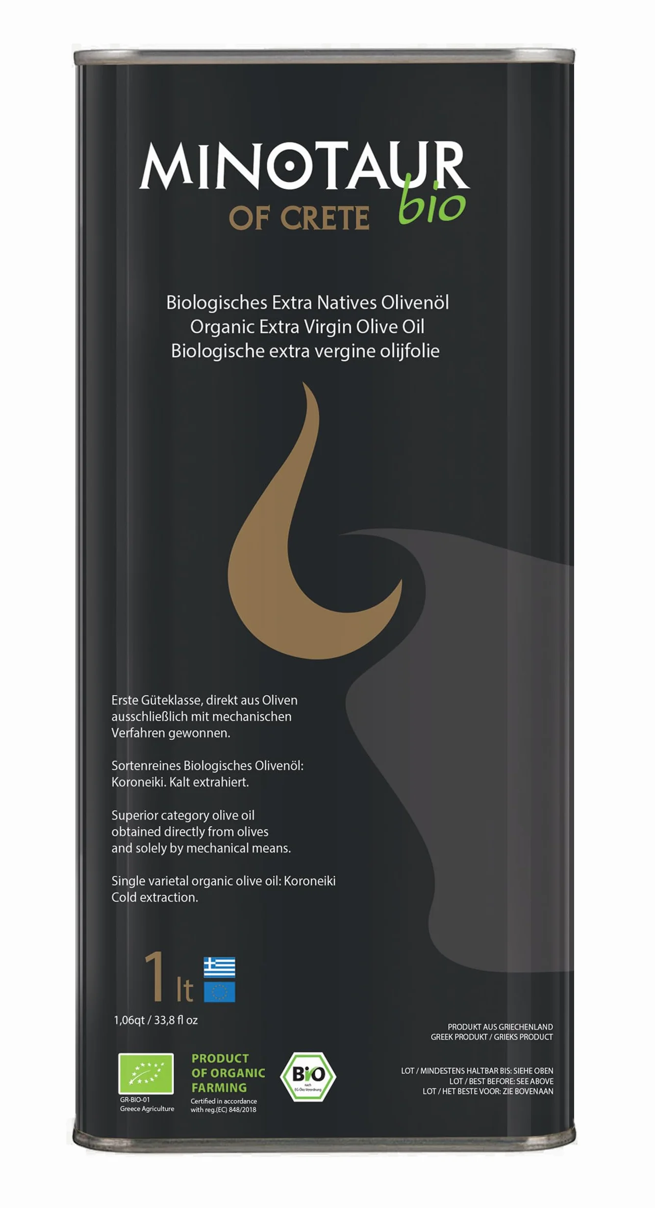 Minotaur z Krety | Organiczna oliwa z oliwek extra virgin premium z Krety | 1 litr | Zbiory 2025-26 | Wytłoczona na zimno