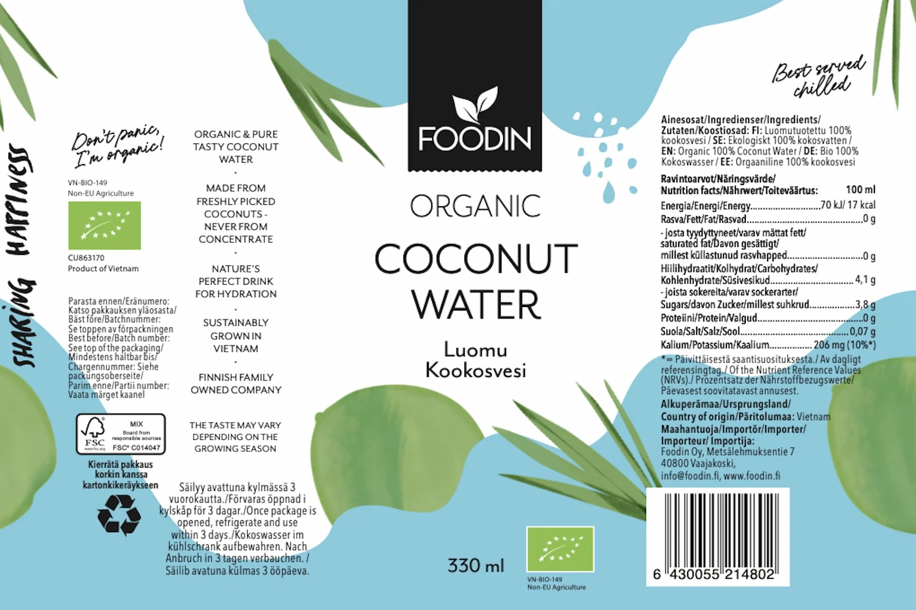 Foodin Woda Kokosowa Organiczna, Naturalnie Nawilżająca z Elektrolitami, Bez Tłuszczu, Bez Glutenu, Bez GMO, Niskokaloryczna - Kojący Gaszenie Pragnienia - Opakowanie 12 sztuk (12x330ml)