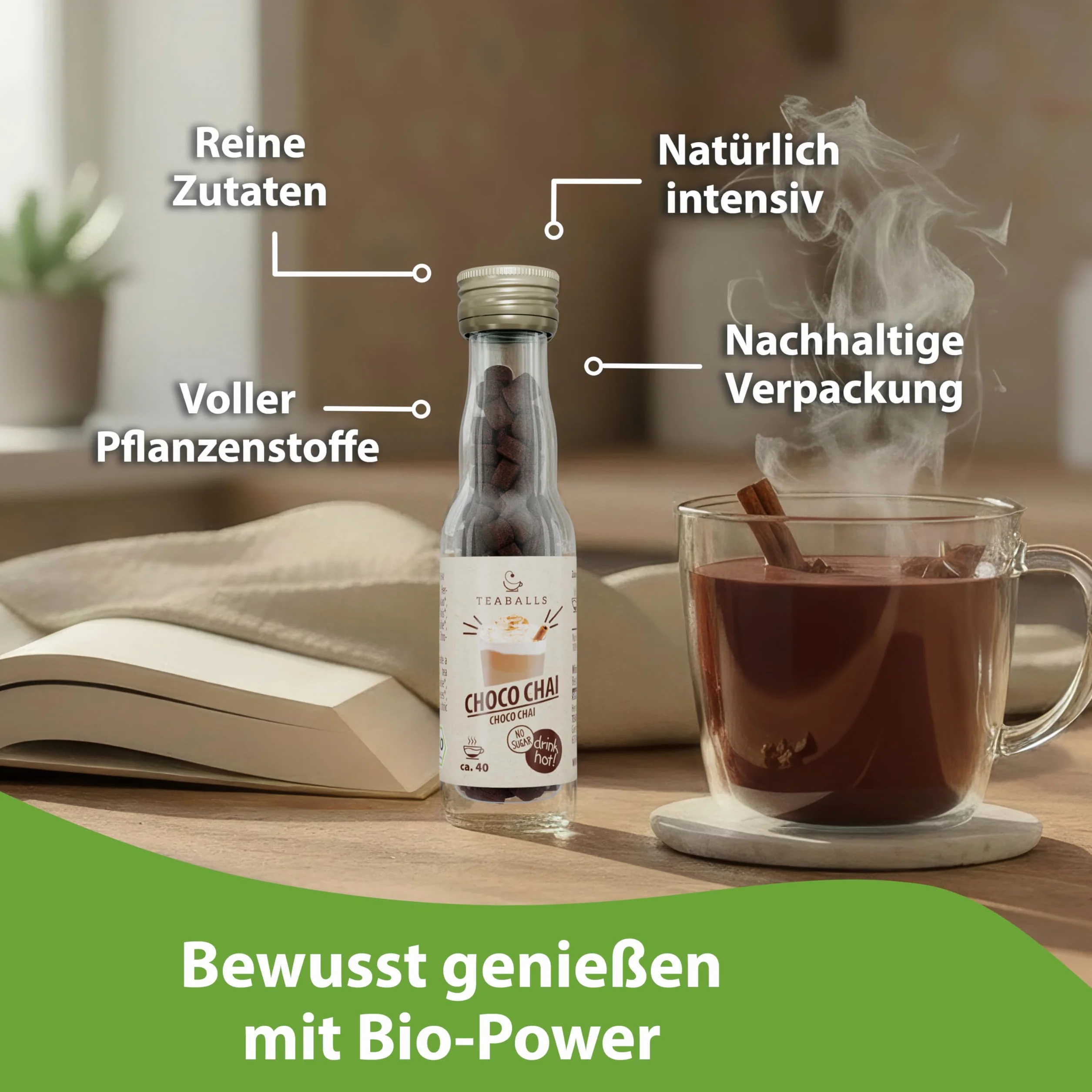 TEABALLS – BIO CHOCO CHAI – herbata kakaowa z przyprawami, bez worka, tylko z gorącą wodą, czekoladowo-pikantna, 40 filiżanek, bez cukru i kalorii, wegańska, niemiecka innowacja