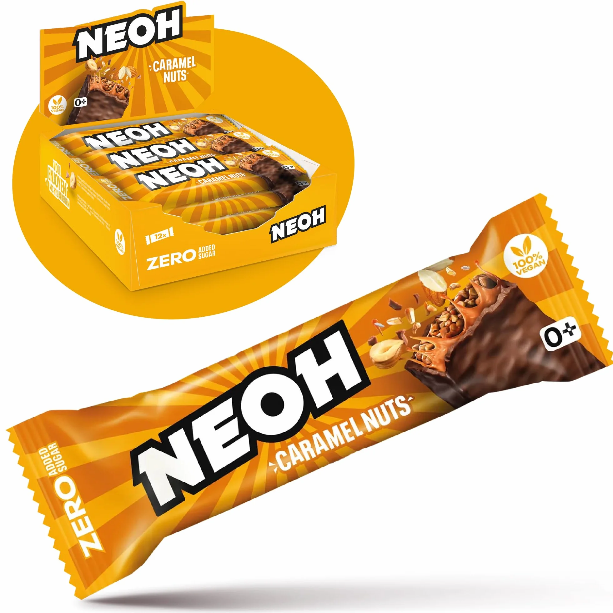 NEOH Low Carb Wegańskie Keto Batonik Karmel Orzechy Czekolada - 1 g Cukier / 137 kcal - Bez dodatku cukru - 28 g (Opakowanie 12 sztuk) - Caramel Nuts