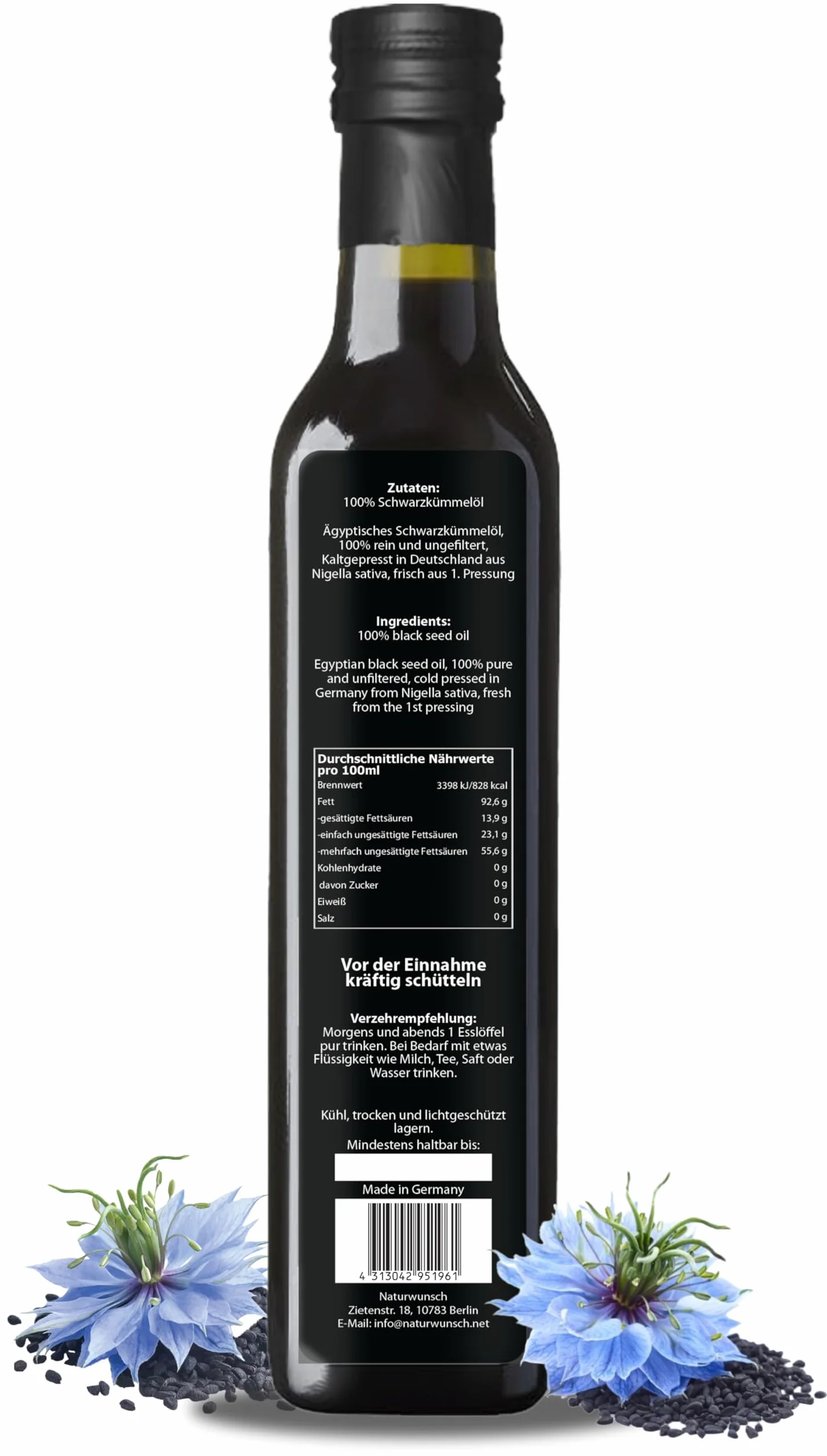 naturwunsch Olej z czarnuszki 250 ml, niefiltrowany, tłoczony na zimno, świeży z Niemiec, 100% czysty olejek z czarnuszki sativa
