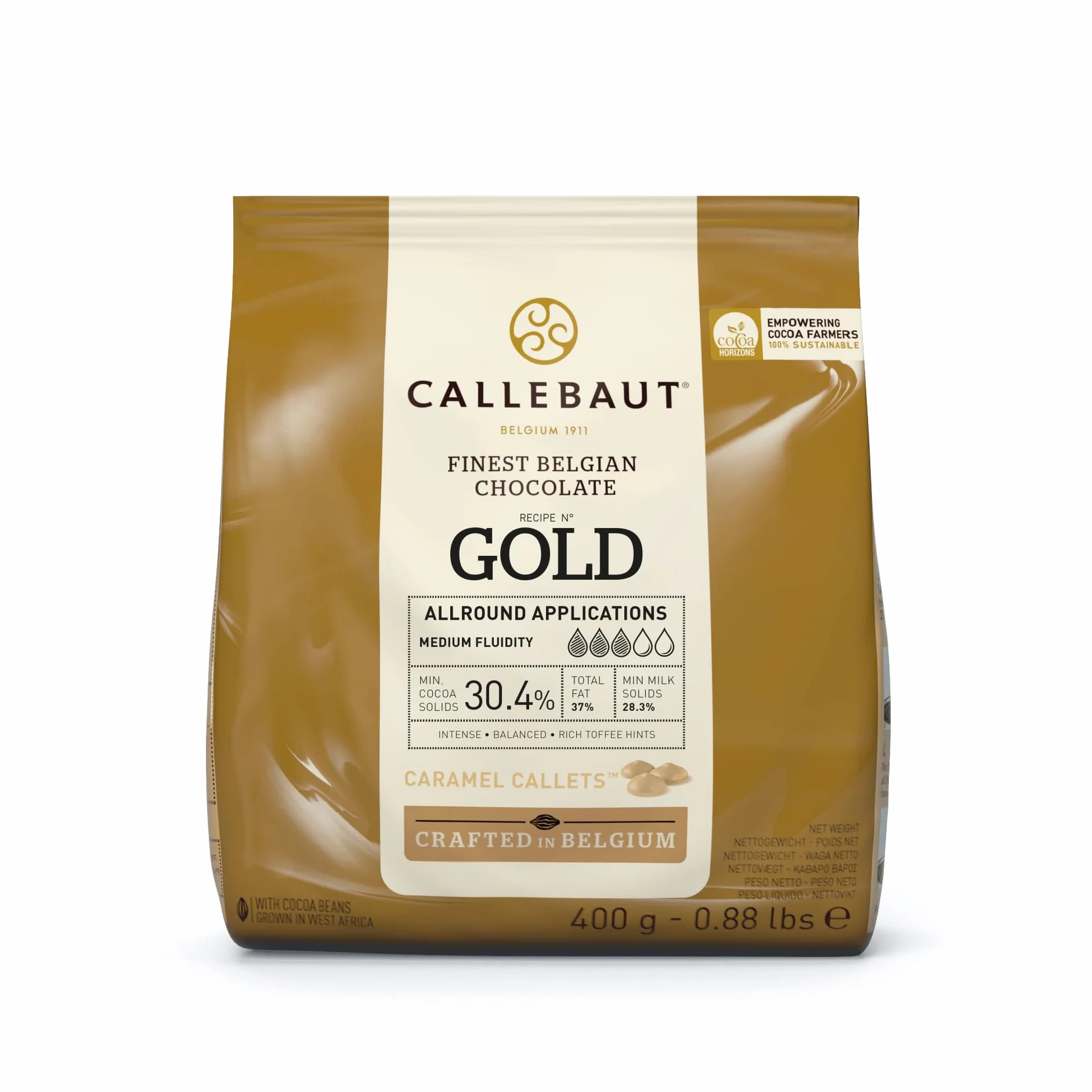 Callebaut czekoladowe złote nuggetsy (kallets) 400 g, idealne do wypieków, pyszny karmelizowany smak - wysokiej jakości czekolada