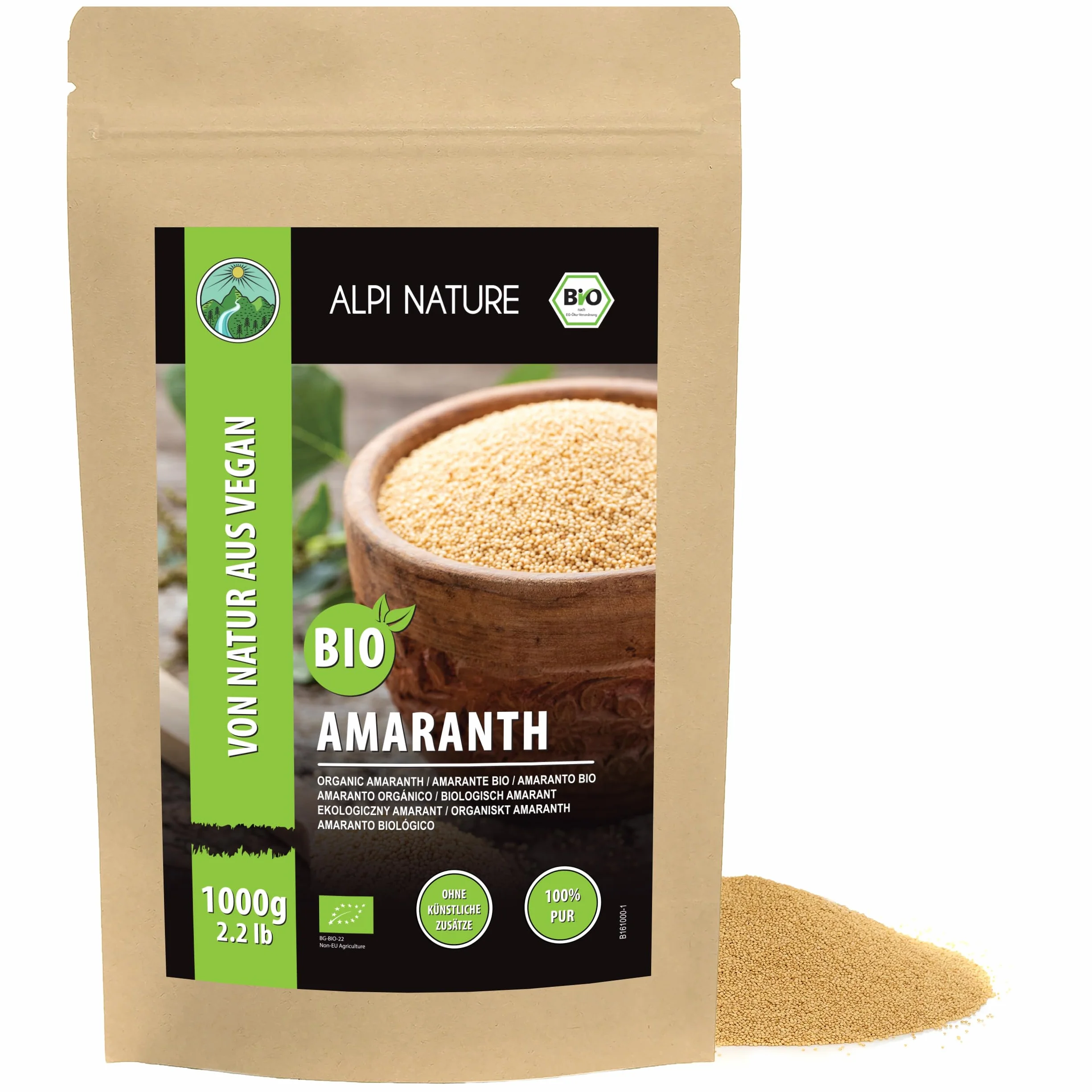 Alpi Nature Amaranant ekologiczny (1 kg) amarant z kontrolowanej uprawy organicznej bezgluten bez laktozy testy laboratoryjne wegańskie bez dodatków polewę do musli i pucharki śniadaniowej