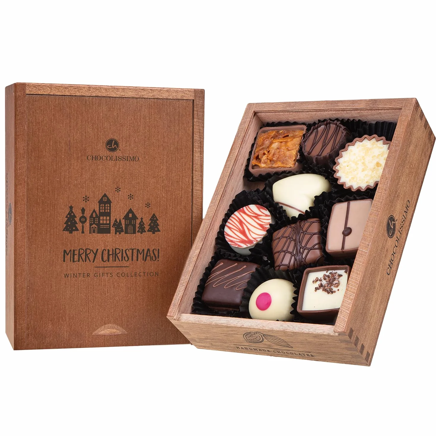 Świąteczne czekoladki Merry Elegance 10 x - | czekolada | Boże Narodzenie | przyjęcie | prezent | dzieci | dla mężczyzn | dla kobiet | do domu | ozdoba | dekoracja | słodycze | pyszne | wykwintne | Wigilia | pralinki| pudełko | czekoladki