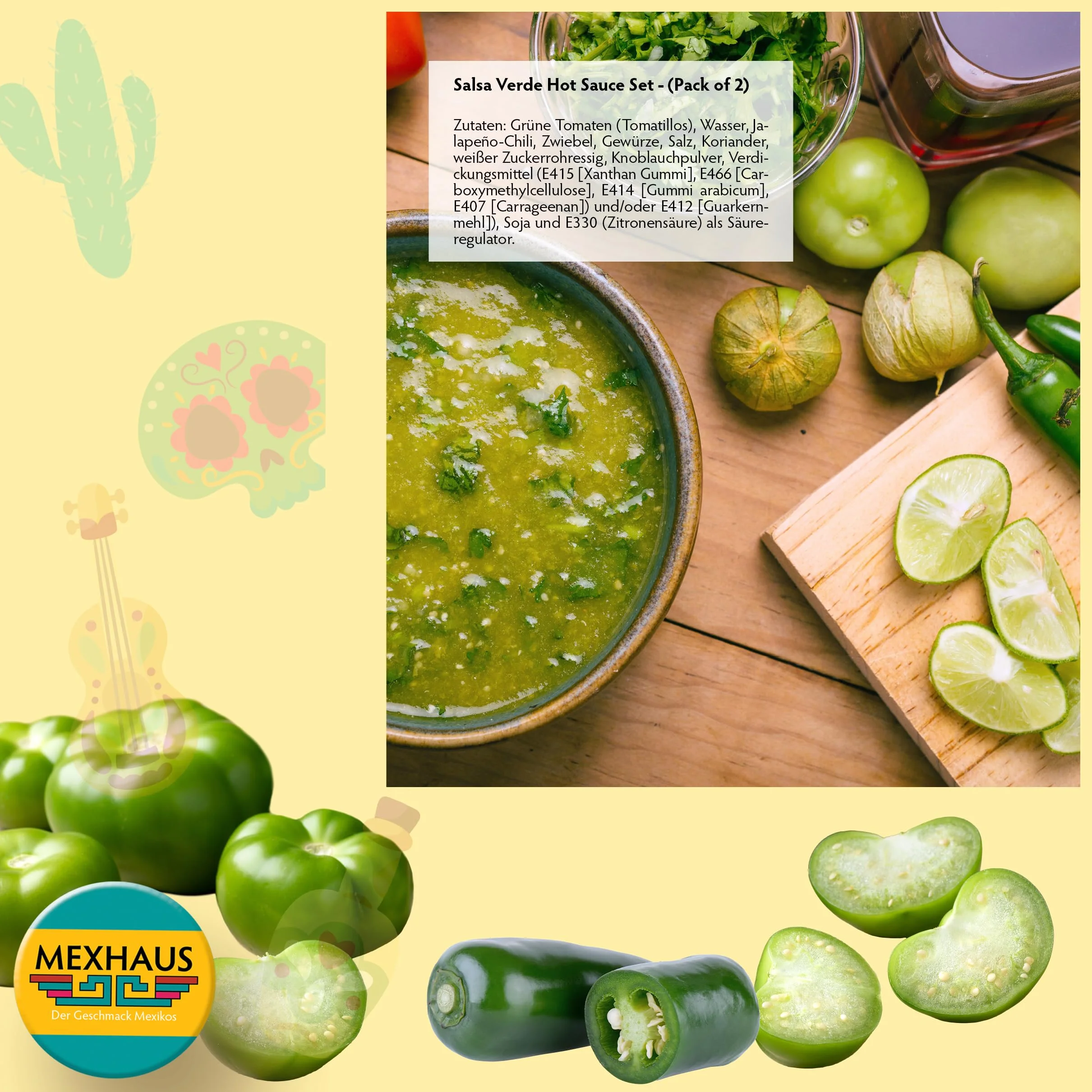 Set ostrych sosów Salsa Verde - (opakowanie 2) Zielony sos z ostrą papryką chili z pomidorami z Meksyku Clemente Jacques plus Lollipop Takis Fuego