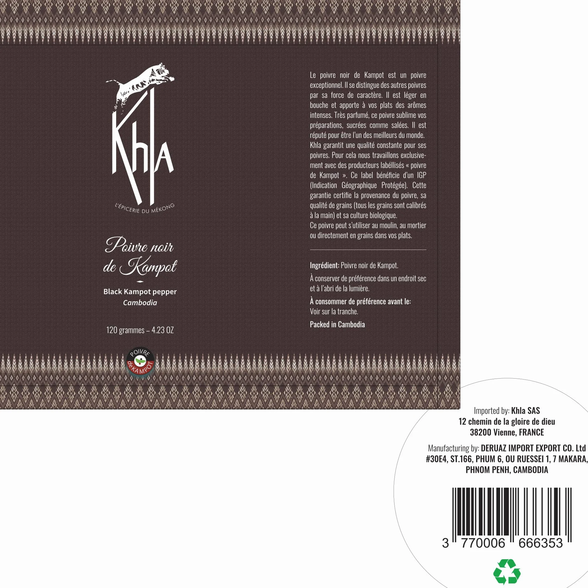 Khla - Kampot pieprz czarny bio 120 g - czarny pieprz całkowicie organiczny - Grand Cru - składnik kuchni - bezpośrednio od producenta - całe ziarna do młynka - z Kambodży