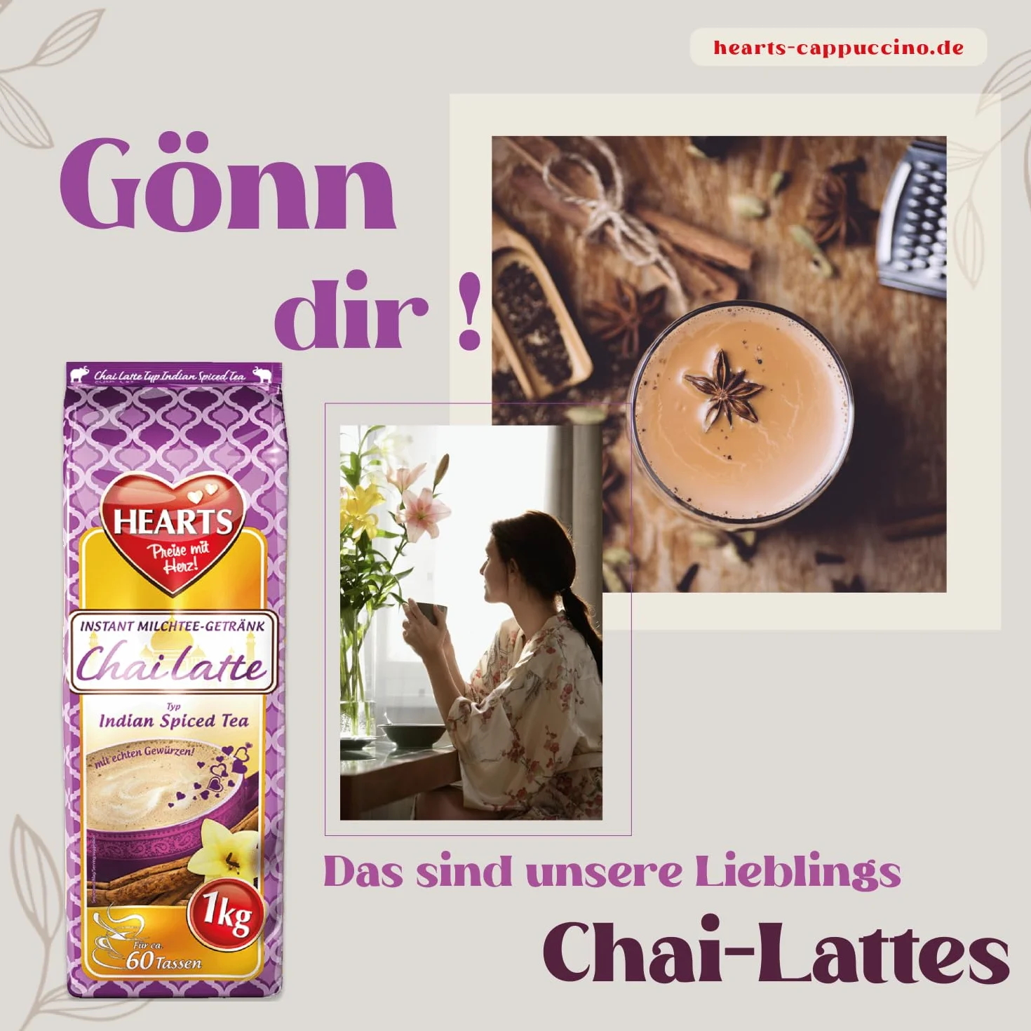 HEARTS Chai Latte natychmiastowa herbata mleczna w proszku 1 kg, 60 filiżanek