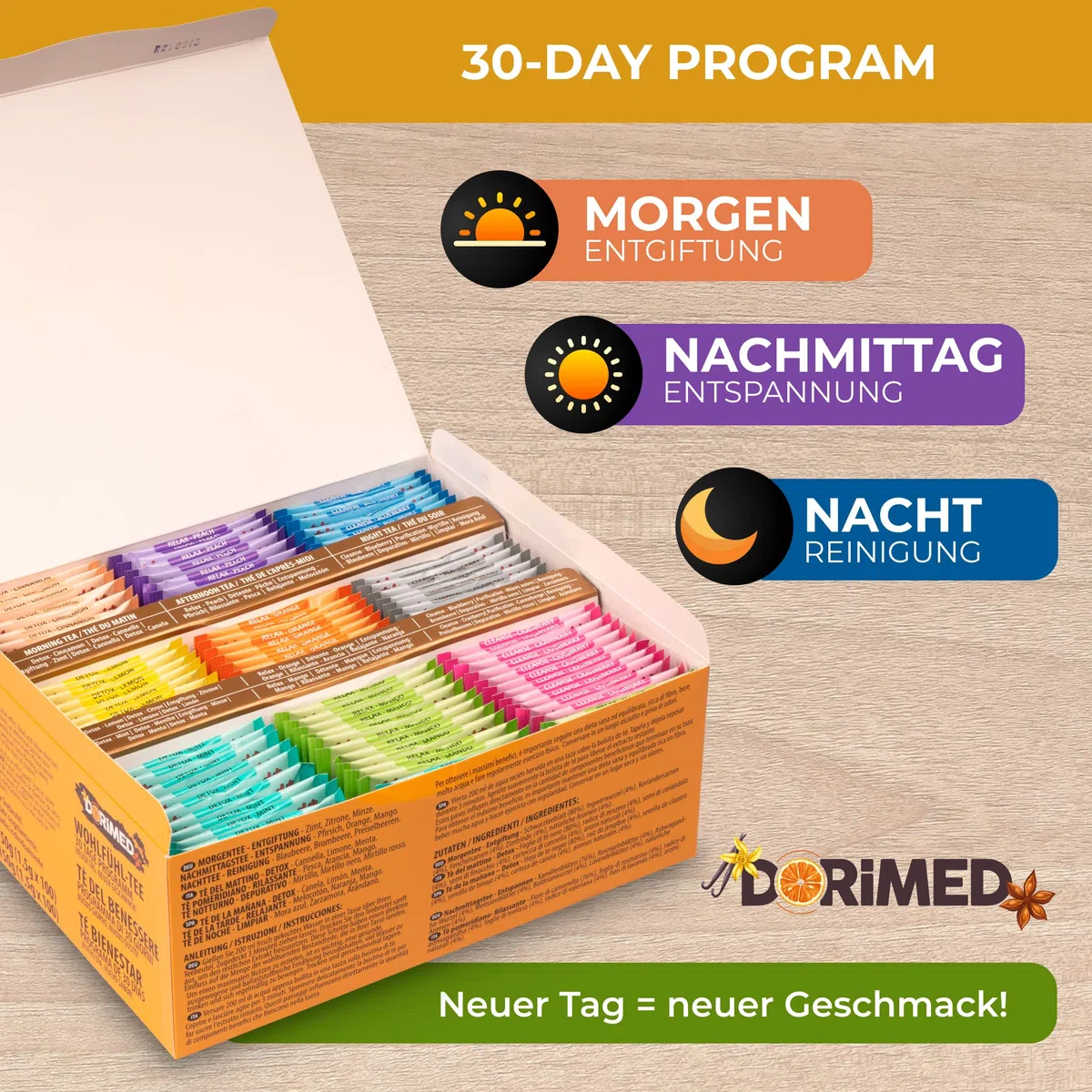 Dorimed Asortyment herbaty - Pudełko na prezent - Herbata Wellness (100% naturalna, bez cukru, glutenu i GMO) - 100 saszetek, 6 smaków - 3 oczyszczające, 2 Detox, 1 uspokajający
