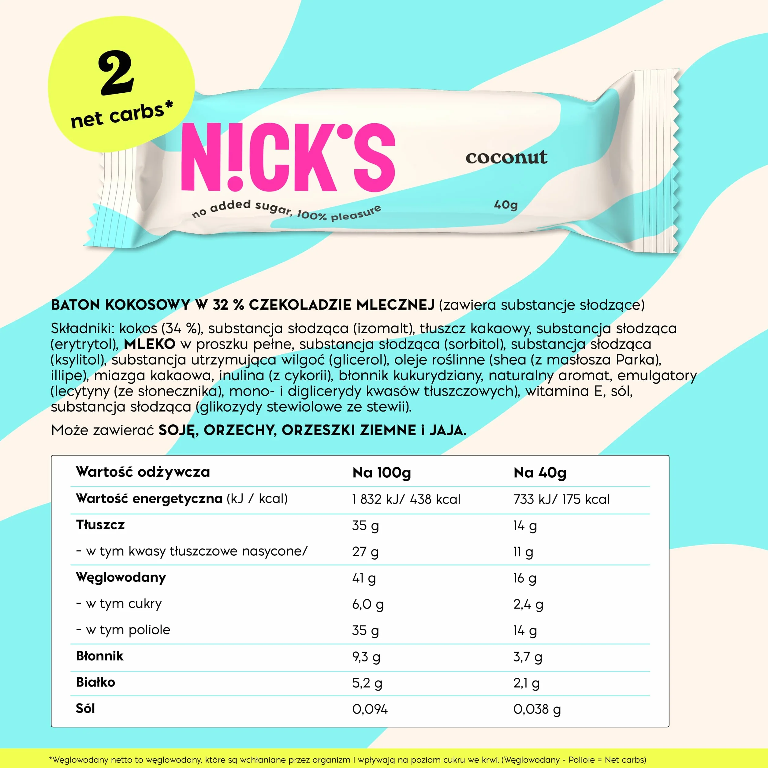 NICKS Keto Batony Coconut, Czekoladowo-kokosowy Przekąski, 175 kalorie, 2 węglowodanów netto, bez dodatku cukru, bezglutenowe, słodycze niskowęglowodanowe (15x40g)