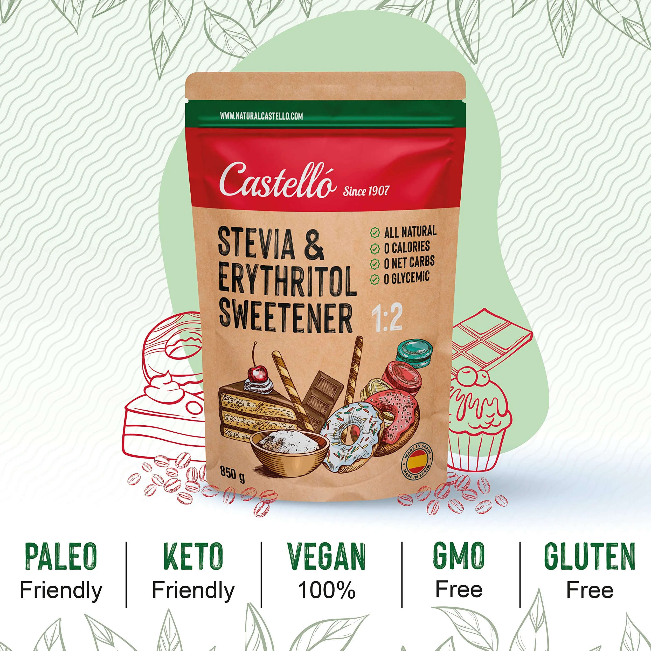 Słodzik Stevia + Erytrytol 1:2 | 1g = 2g cukru | Słodzik o 100% naturalnym smaku - 0 Kalorii - 0 Indeks Glikemiczny - Keto i Paleo - 0 Węglowodanów Netto - Bez GMO - Castello since 1907-850 g